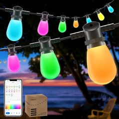 Gaoxun Outdoor Fairy Lights, 15 m, Smart LED WiFi RGBW Bulbs, IP65 Waterproof, Works with Alexa and Google Assistant, App Control, 40 Scene Modes, 15 LEDs Outdoor