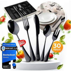 Glavory Lumina Cutlery Set for 6 People, Black, High Gloss, 30 Pieces, Dishwasher Safe Made of 18/8 Stainless Steel, Black Cutlery with Elegant Packaging