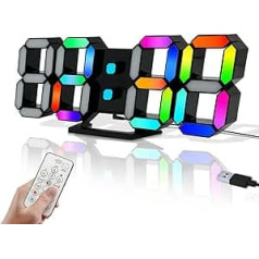 COVERY LED-Digitaluhr, 24,6 cm, große bunte Zahlen, Regenbogen- und Neonlichter, 3D-moderne Ästhetik für Schreibtisch, Wand – kabelgebundener elektrischer Alarm – Temperatur, Fernbedienung –