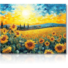 Dazzlewall Vintage Botanical Wall Pictures Canvas, Sunrise Blue Sky Sunflower Oil Painting Poster, Aesthetic Rustic Artwork for Decoration Living Room Bedroom, 30 x 40 cm, Without Frame