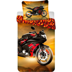 Jerry Fabrics Children's Bed Linen Set with Reversible Motorcycle, Black Racing Machine with Red Flames, Duvet Cover 140 x 200 cm, Pillowcase 70 x 90 cm, 100% Cotton with Zip