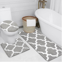 McEu Bathroom Rug Set 3-Piece Non-Slip Washable Large Bath Mat Set, Fluffy Soft Absorbent Bath Mat Bath Mat Set with Toilet Lid Cover, 50 x 120 cm + 50 x 50 cm + 38 x 42 cm, Grey