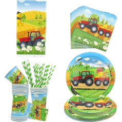 Tractor Birthday Party Supplies, Tractor Farm Party Plates Tableware, Including Tractor Plates, Cups, Napkins, Straw for Tractor Theme Birthday Party Decorations, for 20 Guests