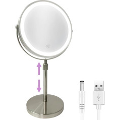 Witfamily 8 Inch Height-Adjustable 1x/10x Table Mirror, Rechargeable Stand Makeup Mirror with 3 Colour Modes and Adjustable Brightness (Nickel)