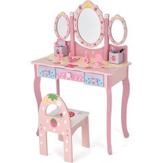 Lifezeal Children's Dressing Table with 3-fold Mirror, 2-in-1 Hairdressing Table with Stool and 3 Drawers, Make Up Table Set for Girls Including Some Accessories, in Strawberry Pattern, Pink