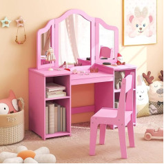 Dreamade 2-in-1 Children's Dressing Table with Removable Mirror, Princess Dressing Table with 4 Open Shelves, Children's Make-Up Table, Cosmetic Table for Children Girls (Pink with Stool)