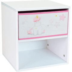 Fun House Licorne Chevet/Table Nuit Avec Tiroir H.36 33 x P. 30 cm Pour Enfant 713045 Unicorn Bedside Table with Drawer, H 36 x L 33 x 30 cm for Children, Wood, White/Pink, à partir de 2 ans