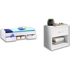 ‎Stella Trading NEMO Modern Single Bed with 2 x Drawers 90 x 200 cm & Pepe Bedside Table White - Simple Bedside Cabinet with One Drawer Suitable for Any Bed & Bedroom - 39 x 41 x 28 cm (W x H x D)