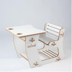 M!Nd Children's Desk with Integrated Bench, Children's Table Made of White MDF Wood, 2 Inserts for Pen Cups, Play Table with Rounded Corners - 44 x 67 x 46.8 cm