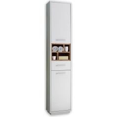 Stella Trading Milano Tall Bathroom Cabinet in Wild Oak Look, White High Gloss - Bathroom Cabinet with Lots of Storage Space - 38 x 190 x 30 cm (W x H x D)