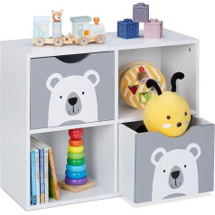 Relaxdays Bear Children's Shelf, 2 Drawers, 2 Open Compartments, H x W x D: 48 x 60 x 24.5 cm, Children's Bookcase, White/Grey