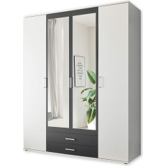 Stella Trading HANAU Wardrobe with Mirror Door in White, Graphite, Versatile Hinged Door Cupboard, 4 Doors for Your Bedroom, 160 x 196 x 54 cm (W x H x D)