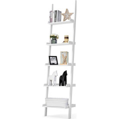 Giantex Ladder Shelf with 5 Levels, Wooden Bookcase, Vintage Industrial, Wall Backrest Shelf, Stair Shelf, Plant Shelf for Living Room, Bedroom, Balcony, Office (White)