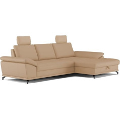 Cavadore Castiel Corner Sofa with Spring Core, Corner Couch with Large Long Chair, Seat Depth Adjustment, Headrests and Matte Black Metal Feet, 301 x 89-114 x 176 cm, Real Leather, Beige