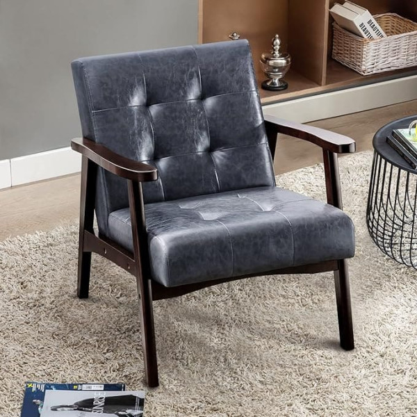 Homemiyn Retro Wooden Armchair, Living Room, Lounge Chair, Upholstered Chair with Armrests, Retro Armchair, Medieval Wooden Frame, Design Chair Made of Faux Leather and Oak, Suitable for Bedroom, Café (Dark