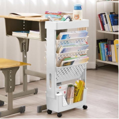 Whemyreat Mobile Bookcase Trolley, 5 Levels Movable Bookcase Trolley with Wheels, Bookshelves for Organising Utility Documents for Children, Students, Bookcase at the Desk