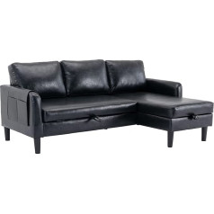Suppneed Extendable Couch, Small Sectional Sofa Bed with Storage Chaise, Convertible 3-Seater L-shaped Couch for Living Room (Black PU Leather)