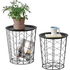 [En.casa] Set of 2 Metal Basket Side Tables 'Cerisey' with Tablet Black Tray Table Coffee Table Serving Table Sofa Table Metal