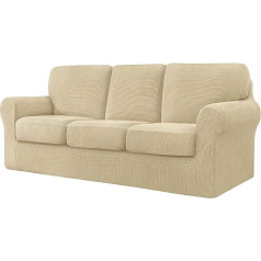 Yyhsnd Stretch Loveat Cover 5-Piece Couch Cover, 2-Seater Sofa Slipcover with 2 Individual Backrest and Cushion Coat, Small Checks Spandex Fabric (Colour: Beige, Size: 3 Seat (7 Pices))