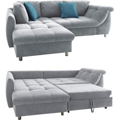 Luma-Home Schönes Für Dein Zuhause Modern Corner Sofa with Sleep Function and Bed Box 250 x 190 cm, Wave Suspension with Comfort Foam, L Couch, Longchair Ottoman Left, Microfibre Grey Cover, 2 Decorative Cushions, Blue / 17104