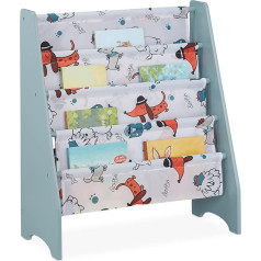 Relaxdays Children's Bookcase H x W x D: 71 x 61.5 x 30 cm, Children's Bookcase with Dog Motif, 4 Compartments, MDF & Fabric, Multi-Coloured