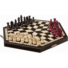 Small 3 Player Chess Set - 32 cm Hexagonal Board Without Notation/Edge Numbers, Brown, White and Red Pieces