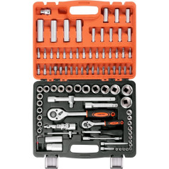 Car Tool Box Filled 94 Pieces - with Reversible Ratchet, Socket Wrench Set, Bit Set, Extension Rods, 3 x Allen Keys, Chrome Vanadium Steel Universal Car Tool Set - Car Tool Set