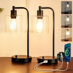 Bedside Table Lamp Set of 2 Dimmable Small Black Industrial Wireless LED Table Lamps Reading Table Lamp with USB Charging Glass Shade for Bedroom Living Room Home Office