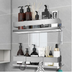 ZcScoery Rustproof Silver Shower Shelf, Pack of 2 Silver Shower Shelves, No Drilling, Stainless Steel Bathroom Organiser, Shelf Self-Adhesive or Punching, Shower Organiser with 6 Movable Hooks