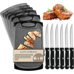 Gifcomda Breakfast Boards, Set of 6 with 6 Steak Knives, 25 x 15 cm, Small Dark Grey, Plastic Breakfast Board, BPA-Free, Antibacterial, Non-Slip with Juice Groove, Dishwasher Safe