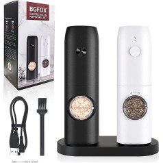 BGFOX Electric Salt and Pepper Mills Set of 2 Black/White Automatic Spice Mill with Adjustable Ceramic Grinder Rechargeable LED Lighting Brush Storage Base