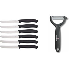 Victorinox Swiss Classic Pack of 6 Tomato Knives with Serrated Edge, 11 cm Blade, Rust-Proof, Black & Tomato and Kiwi Peeler, Stainless Pendulum Blade, Black