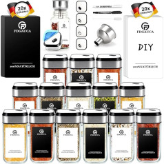 SAEIV 360° Rotating Spice Jars Square 12 x 100 ml, Spice Shaker Glass, Three Types Hole Mode Adjustable, Spice Container Set with 40 DIY Labels, Convenient Seasoning at the Dining Table Anytime