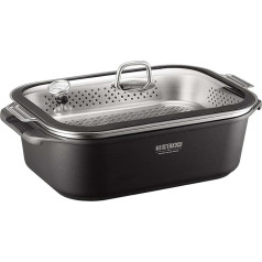 Meisterkoch Professional Roasting Dish 7.5 L with Glass Lid, Square, Black Cast Aluminium, Suitable for Induction Cookers with Steamer Insert, Oven-Safe up to 300 °C, Dishwasher Safe, Roasting