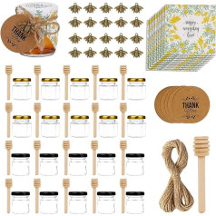 Loyaboho 20 x Circular & Hexagon Mini Glass Honey Jars, 45 ml Small Jam Jars, Preserving Jars with Golden and Black Lids, Honey Spoon, Kraft Paper Labels, Mori Style Sealing Paper, Bee Pendant