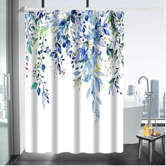 Minicloss Shower Curtain Flowers Shower Curtains Anti-Mould Textile Shower Curtains, Waterproof Shower Curtain 180 x 180 cm with 12 Hooks Weighted Hem for Bathroom and Bathtub (Blue)