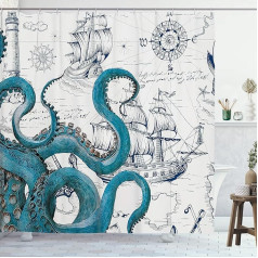 GOOESING Cool Octopus Shower Curtain Anime Nautical Shower Curtain Teal Octopus Shower Curtain Sailboat Pirate Shower Curtain Polyester Waterproof Shower Curtain 183 x 183 cm