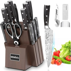 MOSFiATA Knife Block Set, Chef's Knife, Kitchen Knife, 15 Pieces, Stainless Steel, Sharp with Finger Protection, Gift Box Included