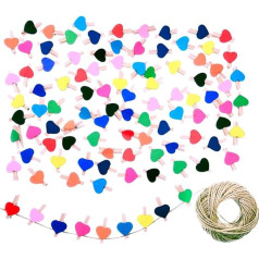 JZK 100 x Colourful Heart Wooden Clothes Pegs 3 cm + Jute Twine 30 m for Wedding Party Photo Holder Card Decoration and Crafts
