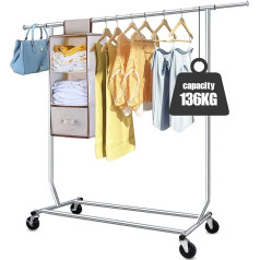 Camabel Metal Clothes Rack with Wheels Maximum Load 136 kg Adjustable Length 130-189 cm Heavy Duty Chrome-Plated Stainless Steel Wheels Sturdy Clothes Rail Extendable Clothes Hanger with Brake