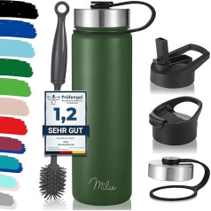 Milu Stainless Steel Water Bottle 500 ml, 750 ml, 1000 ml (+ 3 Lids) - Thermos Bottle with Straw, Insulated Water Bottle, Leak-Proof Insulated Flask, Double-Walled, Suitable for Carbonated Drinking