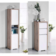 Schildmeyer Bello Tall Cabinet Wild Oak Decor 34.5 / 33 / 154.5 cm & Bello Base Cabinet 138176, Wild Oak Decor / Glossy White, 34.5 / 33 / 97 cm