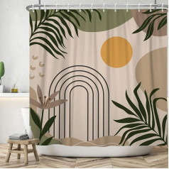 ASDCXZ Boho Shower Curtain 180 x 200 cm, Modern Abstract Boho Style Green Leaves Orange Sun Khaki Beige Bathroom Washable Shower Curtains Polyester Textile Waterproof Bath Curtain for Bath with 12