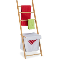 Relaxdays Towel Rack, Removable Laundry Basket, 3 Rails, Height 140 x Depth 45 x 34 cm, Bamboo Towel Ladder, Natural/White