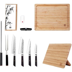 9-Piece Set of 6 Knives + Magnetic Bamboo Knife Holder + Bamboo Chopping Board + Sanding Set Grit 400/1000