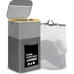 Atsense Laundry Basket with Lid, 110 L Laundry Collector, Slim with Bamboo Handle and Inner Pocket, Grey Laundry Baskets, Large Tall Laundry Box for Storing Dirty Laundry