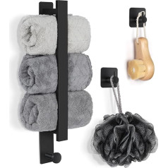 Hand Towel Holder No Drilling Required, Black Towel Holder, Bathroom, Guest Towel Holder, Bath Towel Holder, Stainless Steel 40 cm, with 2 Towel Hooks