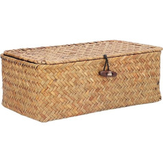 Seagrass Rectangular, Shelf Baskets with Lid, Woven Storage Box with Lid, Rectangular Wicker Basket, 26.9 x 16 x 10.4 cm, Natural Wicker Basket, Storage Basket, for Shelves and Desks