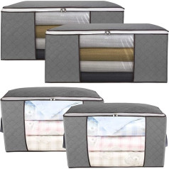 Pack of 4 105L/84L Clothes Storage Bags Large Capacity Foldable Clothes Storage Clear Window with Reinforced Handle and Sturdy Zip for Bedding, Duvets and Pillows Grey