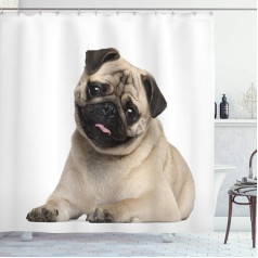 ABAKUHAUS Pug Shower Curtain, Young Puppy Lying on the Floor with 12 Rings Set, Waterproof, Stemy, Modern, Colourfast and Mildew Resistant, 175 x 180 cm, Light Brown / Black